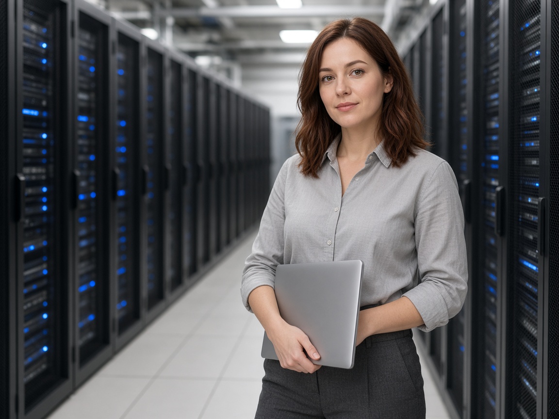 A specialist with a laptop in a data-center aisle