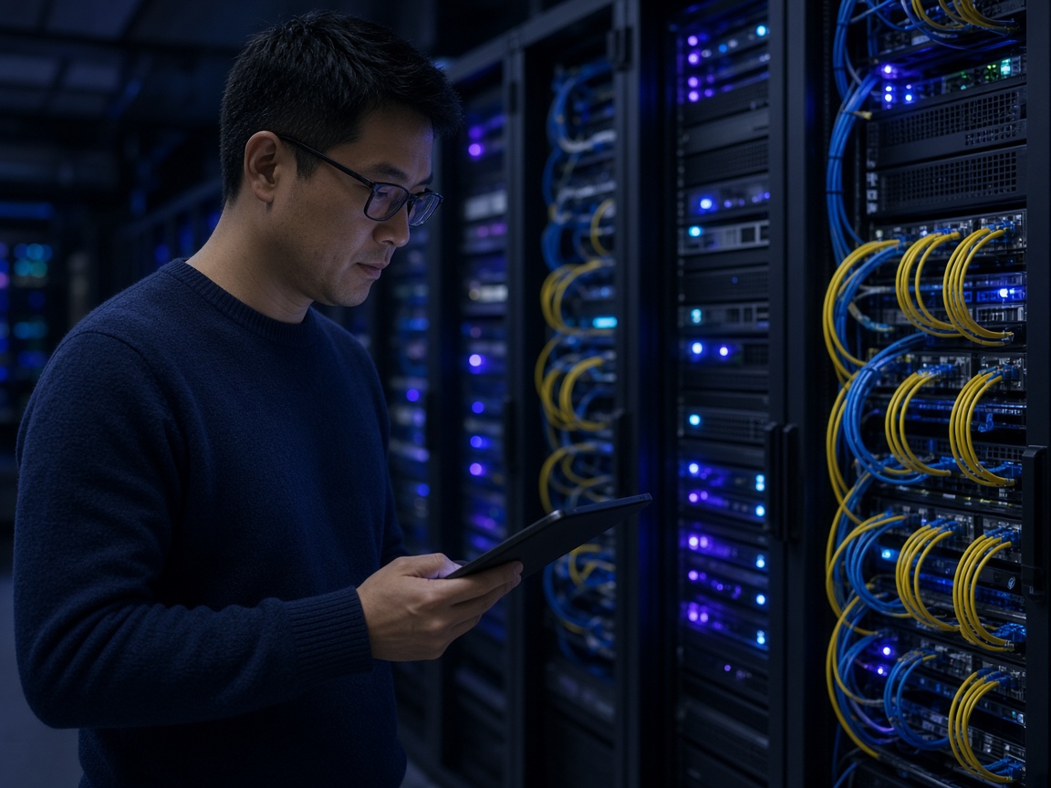 A specialist checking connections in a server cabinet